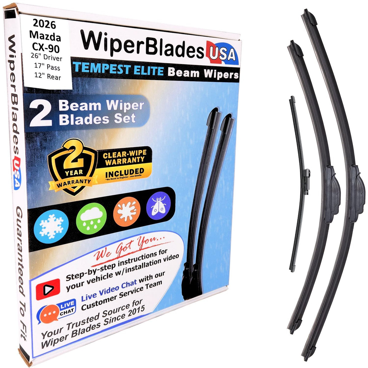 Mazda CX-90 2026 Wiper Blades w/2yr Wear Warranty (Set/3) w/Rear Beam Wipers