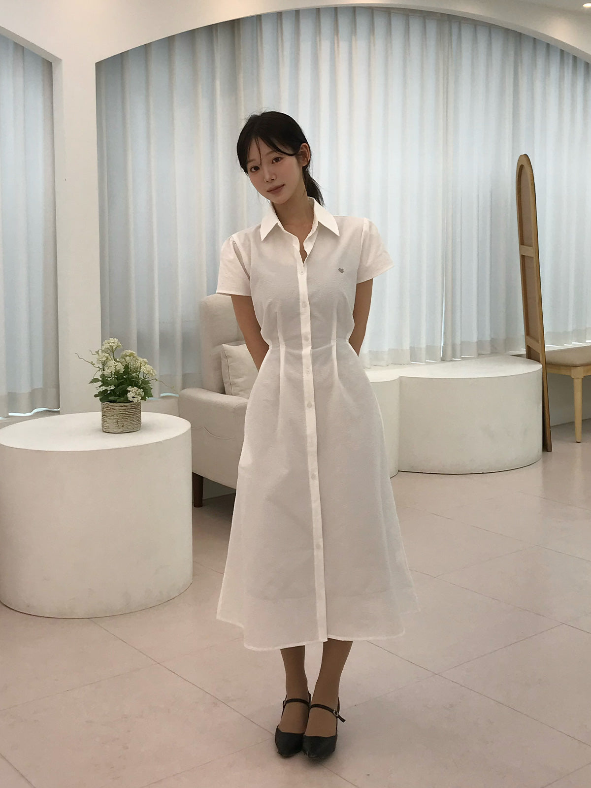 Diring open collar seersucker pintuck long dress
