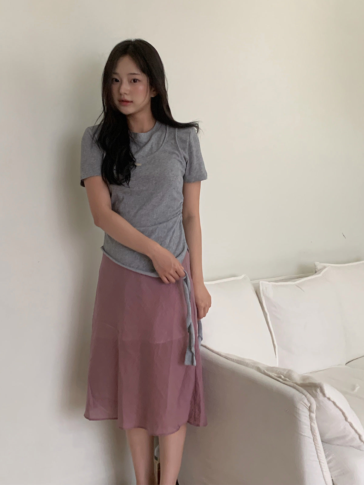 Beret check banding midi skirt