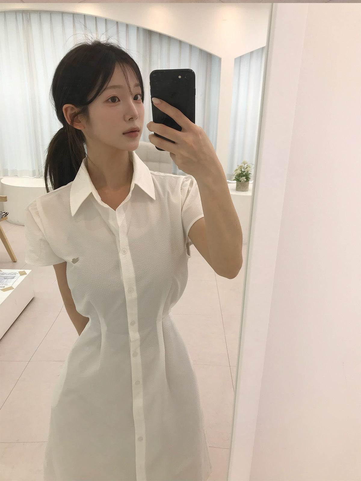 Diring open collar seersucker pintuck long dress