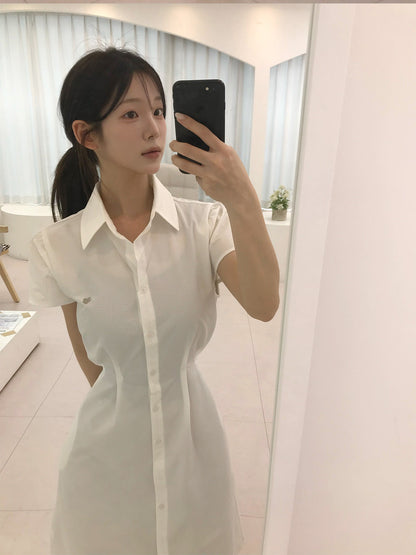 Diring open collar seersucker pintuck long dress