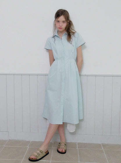 Diring open collar seersucker pintuck long dress
