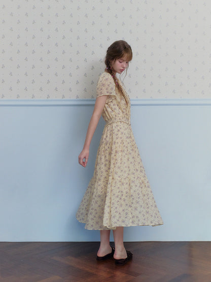 Epo flower chiffon banding short sleeve long dress