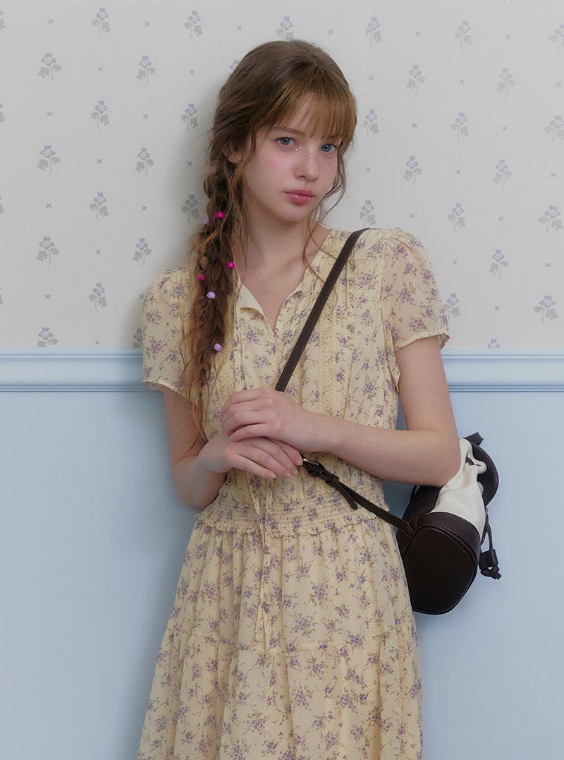 Epo flower chiffon banding short sleeve long dress
