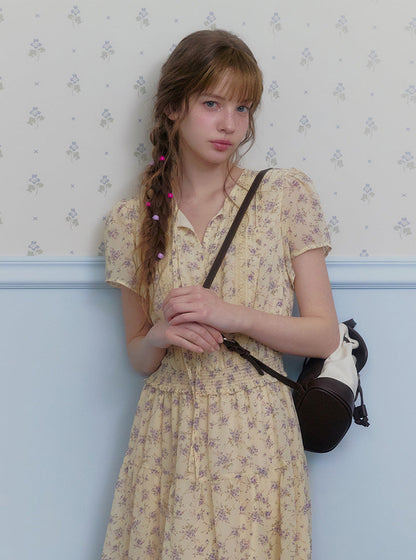 Epo flower chiffon banding short sleeve long dress