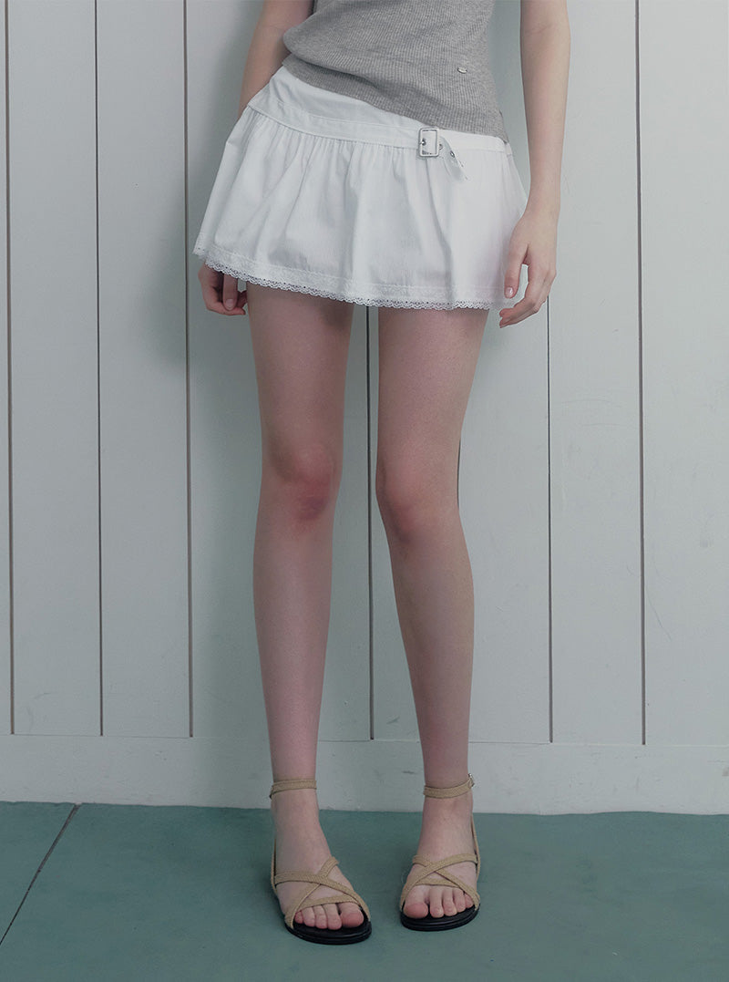 Qming buckle lace flare mini skirt