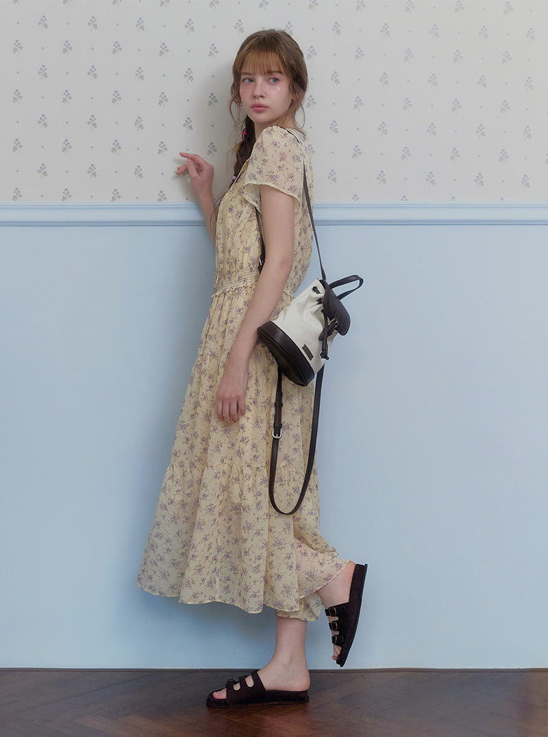 Epo flower chiffon banding short sleeve long dress