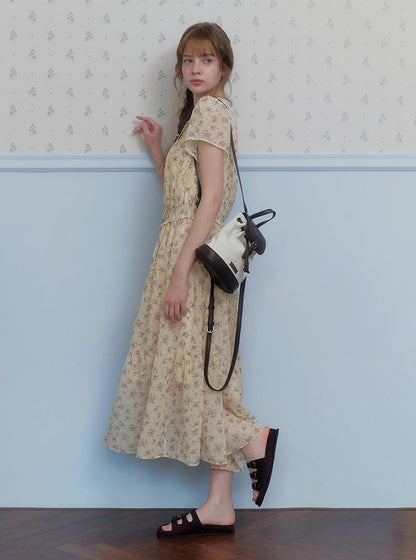 Epo flower chiffon banding short sleeve long dress