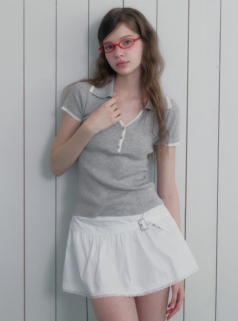 Qming buckle lace flare mini skirt