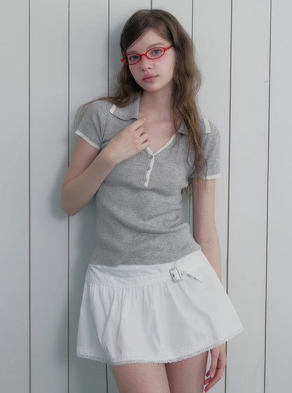 Qming buckle lace flare mini skirt
