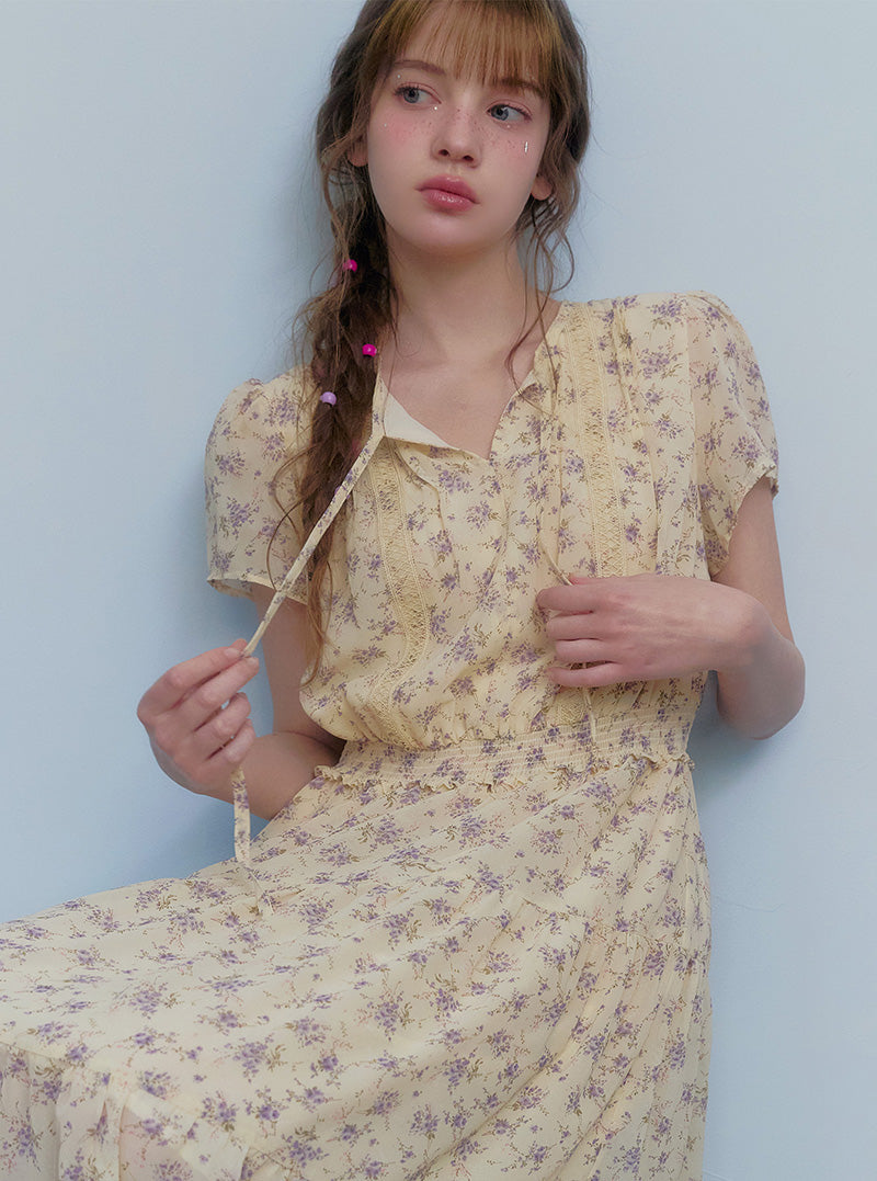 Epo flower chiffon banding short sleeve long dress