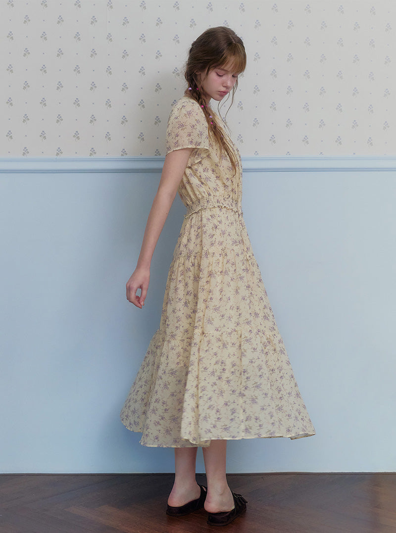 Epo flower chiffon banding short sleeve long dress