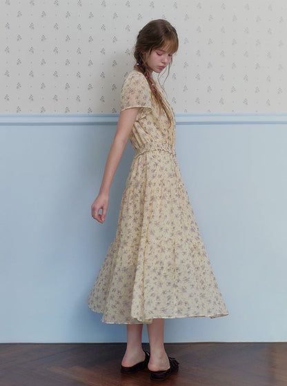 Epo flower chiffon banding short sleeve long dress