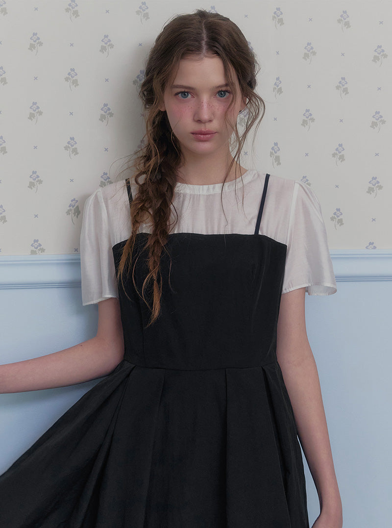Hepo layered pintuck short sleeve long dress