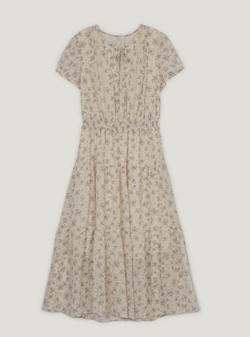 Epo flower chiffon banding short sleeve long dress