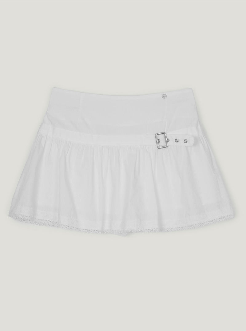 Qming buckle lace flare mini skirt