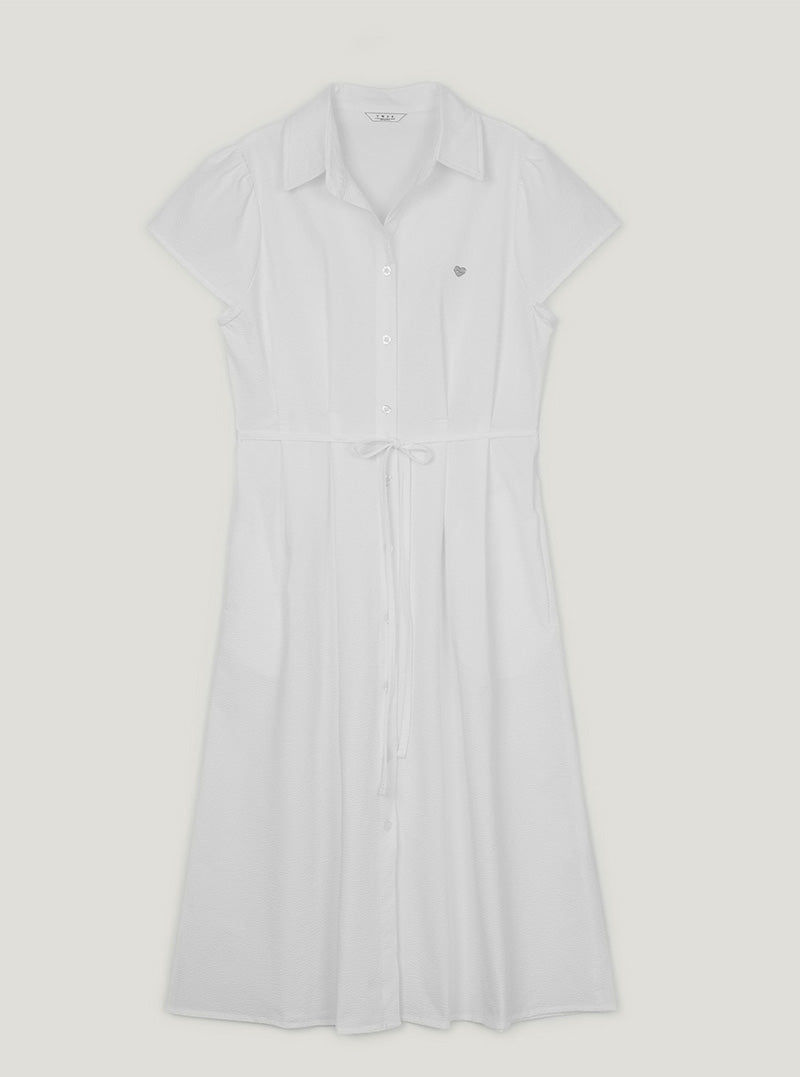 Diring open collar seersucker pintuck long dress