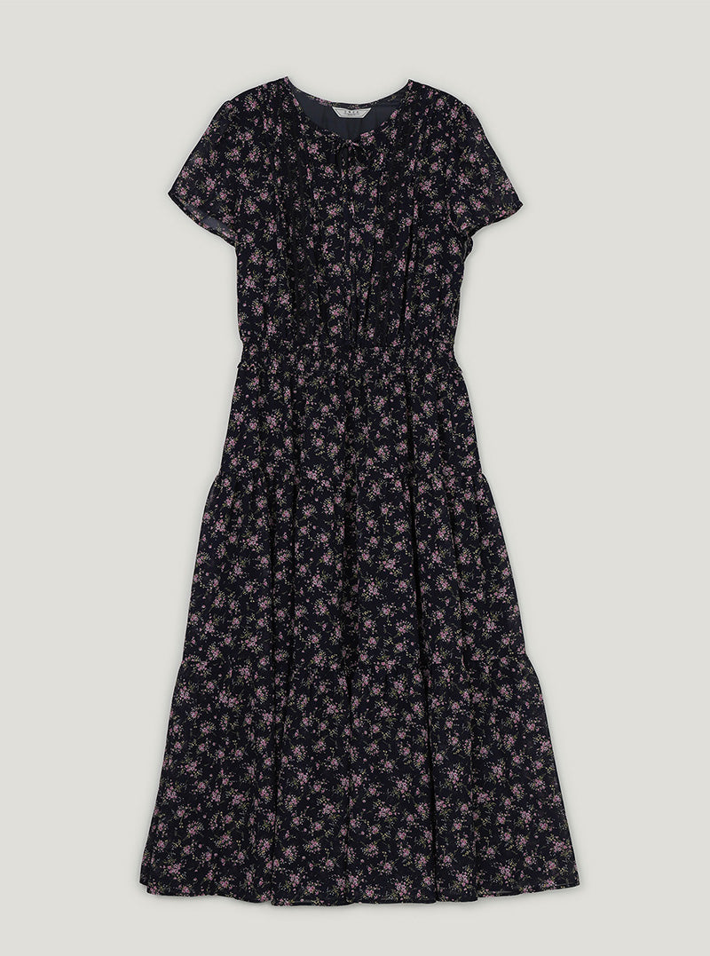 Epo flower chiffon banding short sleeve long dress