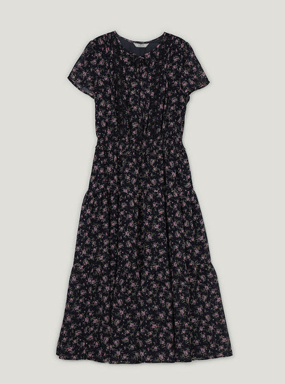 Epo flower chiffon banding short sleeve long dress