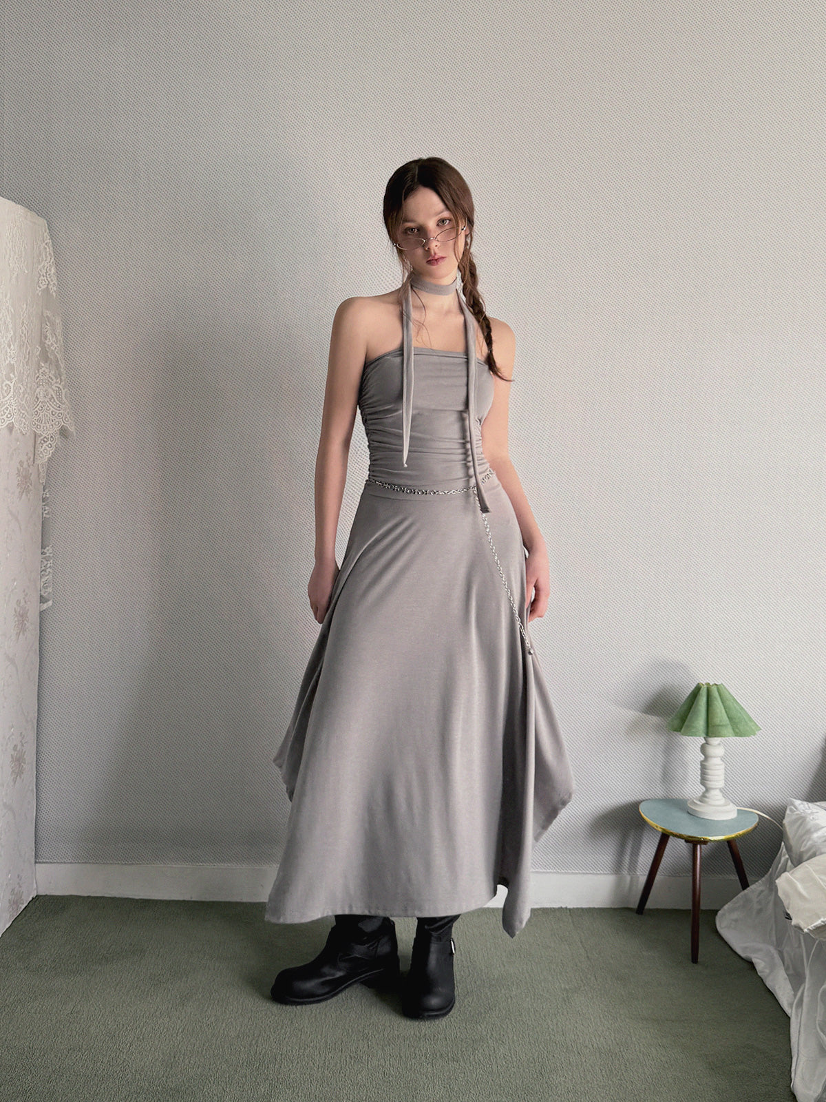 Letin Shirring Top Flare Long Dress (Strap Set)