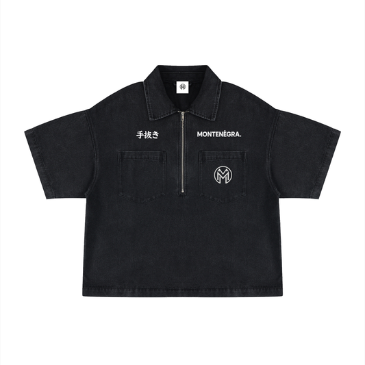 Montenegra Vintage Wash Boxy Quarter-Zip Denim Shirt