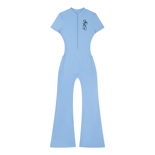 The Lady in Blue Tight Flared Leg Quarter-Zip Jumpsuit