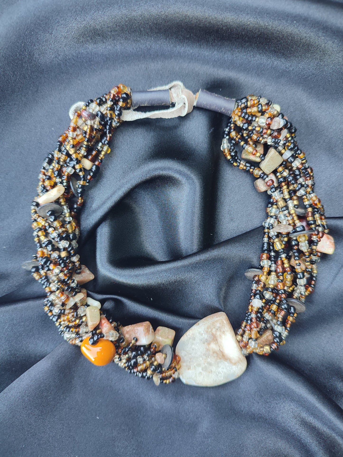 Lookrover Handcrafted Multi-Strand Earth Tone Seed Bead Choker Natural Agate Statement Necklace