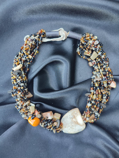 Lookrover Handcrafted Multi-Strand Earth Tone Seed Bead Choker Natural Agate Statement Necklace