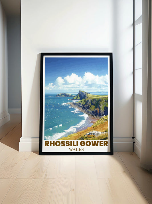 Lookrover Rhossili Gower Vintage Framed Print Worms Head Colorful Wales Travel Poster Wall Art