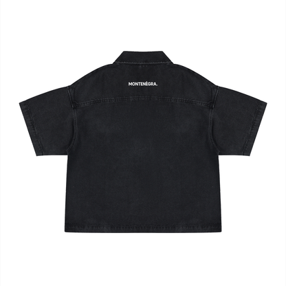 Montenegra Vintage Wash Boxy Quarter-Zip Denim Shirt