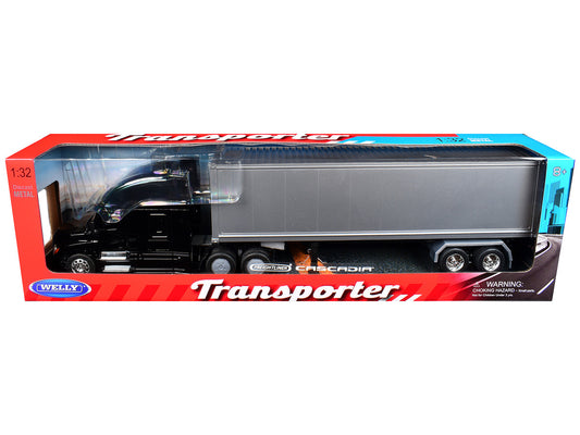 Freightliner Cascadia Truck Black with Silver Container "Transporter" Series 1/32 Diecast Model by Welly