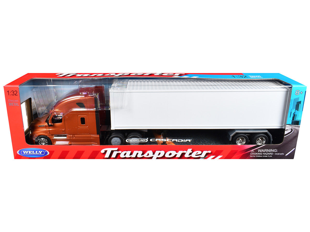 Freightliner Cascadia Truck Bronze Metallic with White Container "Transporter" Series 1/32 Diecast Model by Welly