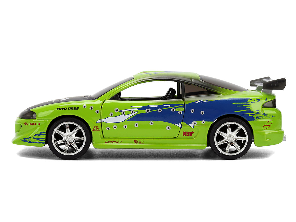 Brian's Mitsubishi Eclipse Green with Graphics (Damaged Version) "25 Years of Fast & Furious" "The Fast and the Furious" (2001) Movie 1/32 Diecast Model Car by Jada