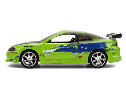 Brian's Mitsubishi Eclipse Green with Graphics (Damaged Version) "25 Years of Fast & Furious" "The Fast and the Furious" (2001) Movie 1/32 Diecast Model Car by Jada