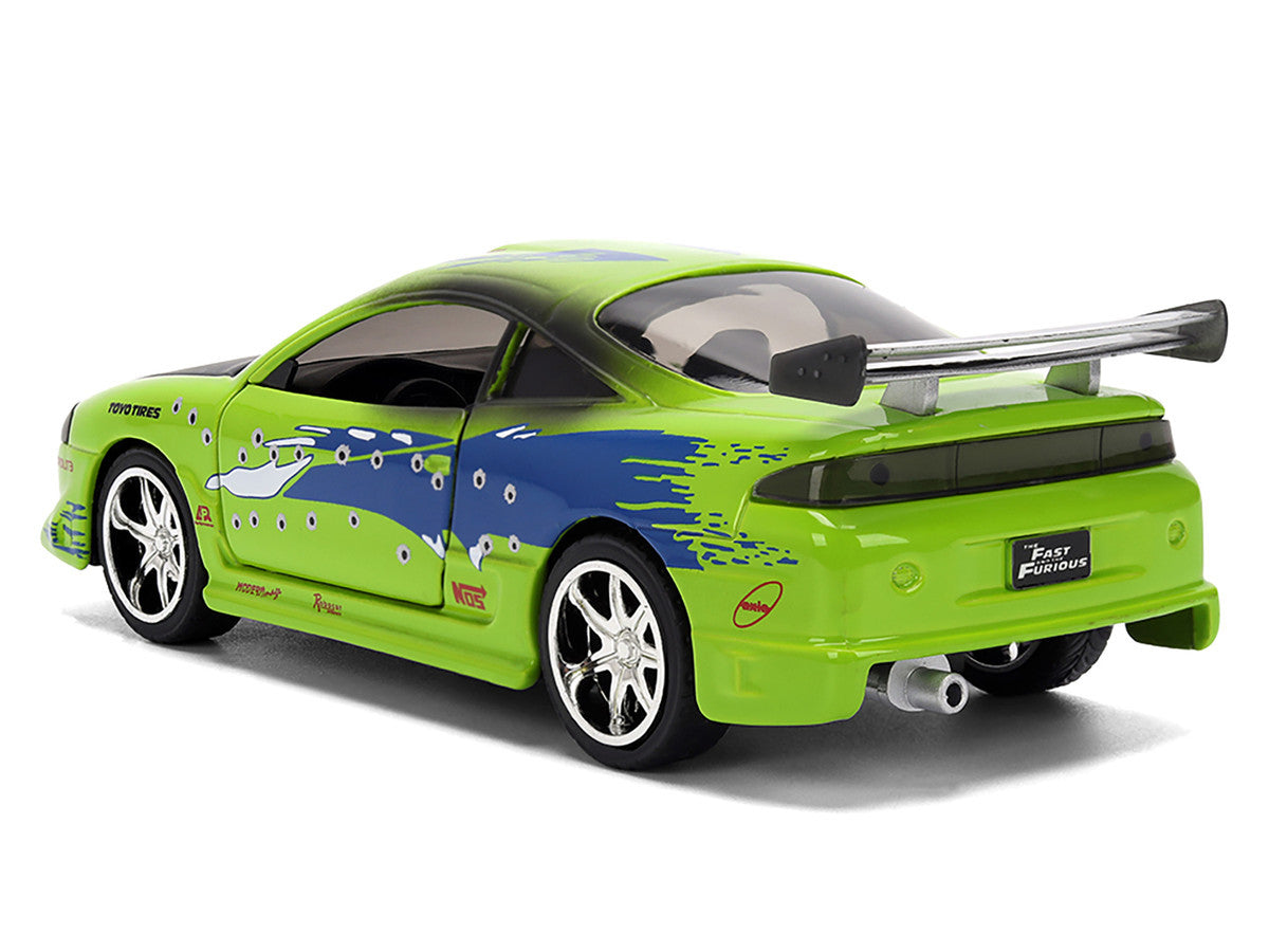 Brian's Mitsubishi Eclipse Green with Graphics (Damaged Version) "25 Years of Fast & Furious" "The Fast and the Furious" (2001) Movie 1/32 Diecast Model Car by Jada