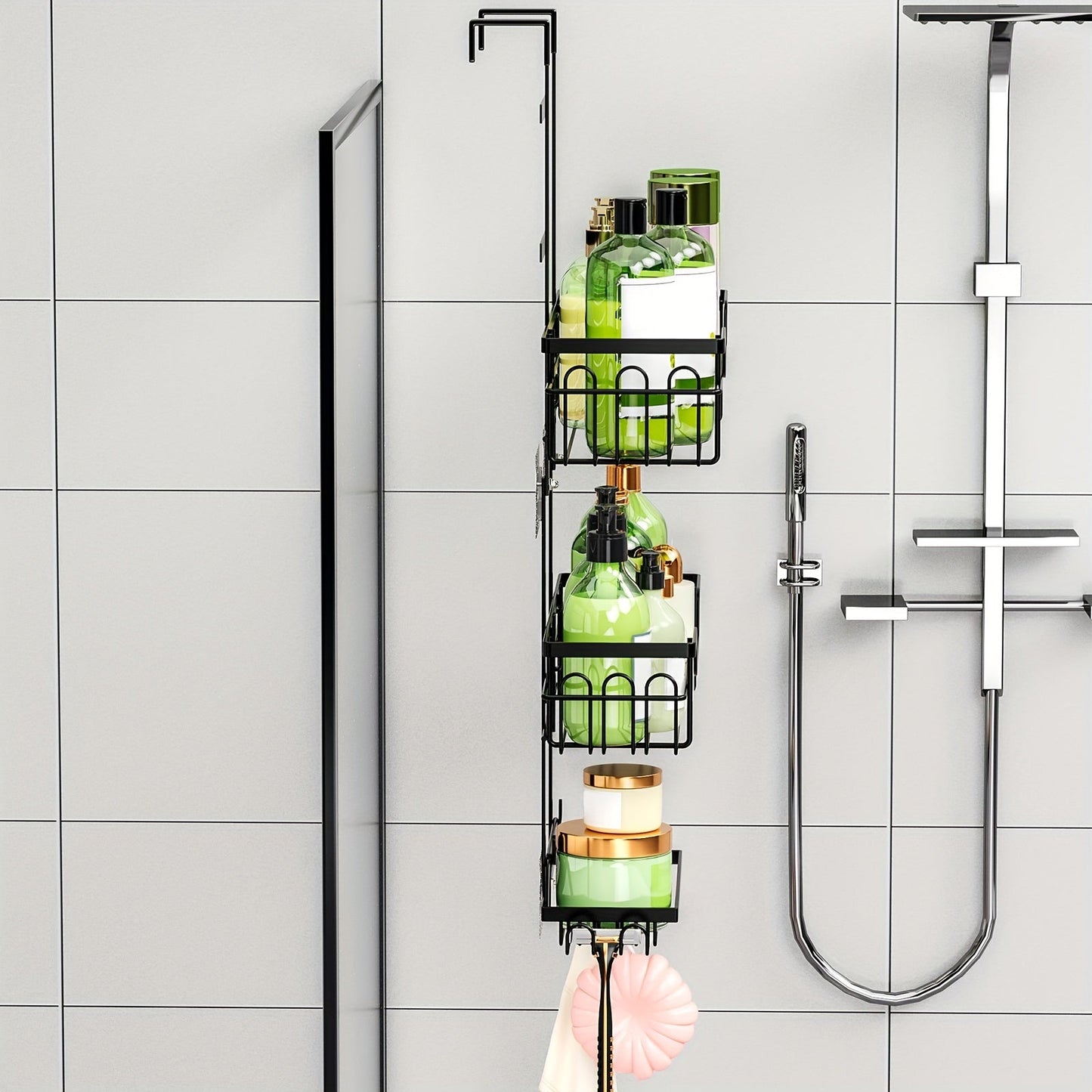 Lookrover 3-Tier Over-Door Shower Caddy Rustproof Black Cast Iron with Soap Holder