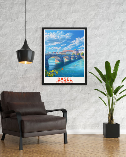 Basel Fine Line Posters Mittlere Brucke Stunning Unique Prints Switzerland Elegant Home Decor