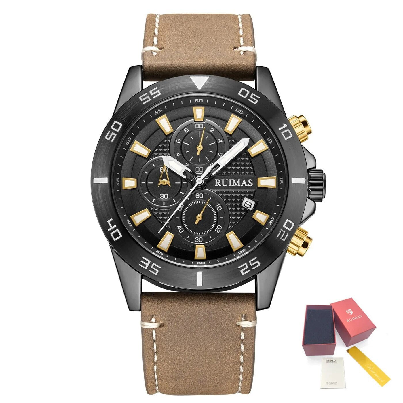 RUIMAS Luxury Brand Mens Watches Quartz Leather Strap Wristwatch Waterproof Clock Sports Large Dial Watch Auto Date Montre Homme 572