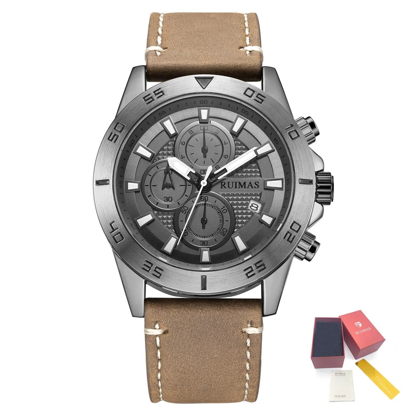 RUIMAS Luxury Brand Mens Watches Quartz Leather Strap Wristwatch Waterproof Clock Sports Large Dial Watch Auto Date Montre Homme 572