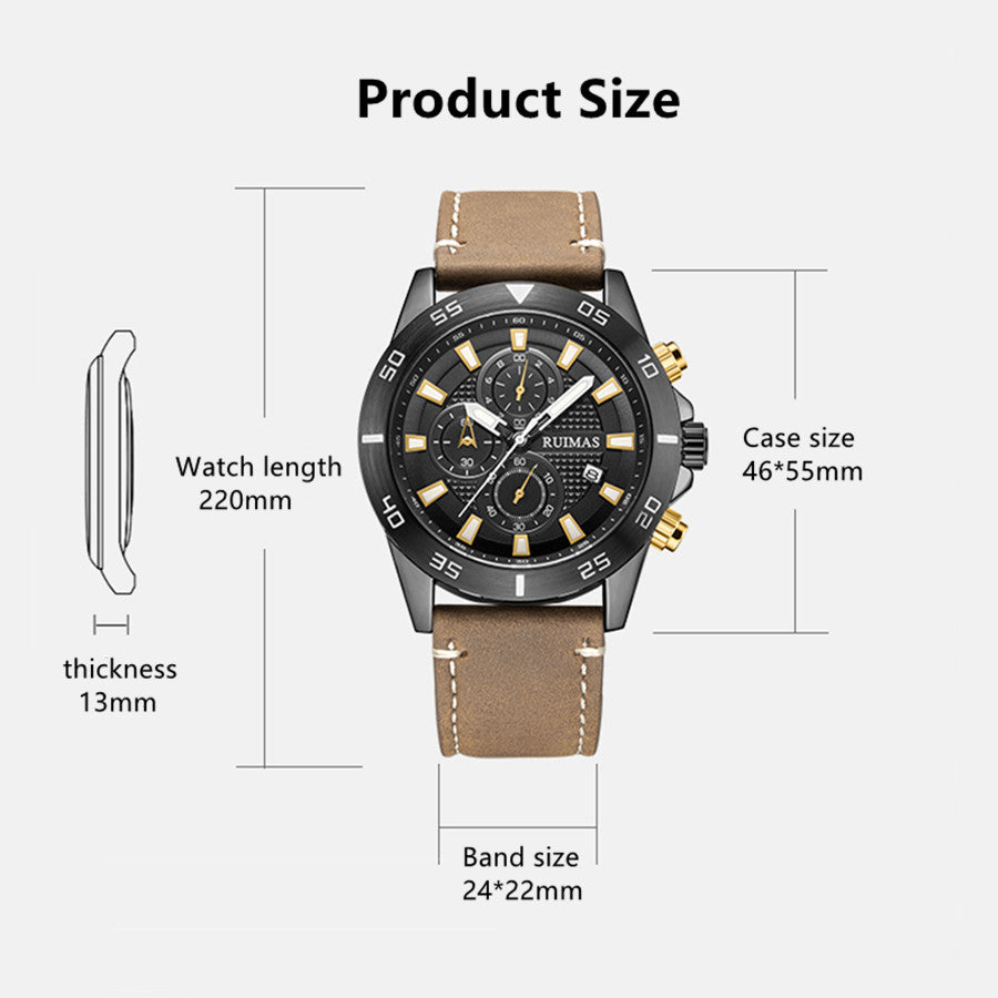 RUIMAS Luxury Brand Mens Watches Quartz Leather Strap Wristwatch Waterproof Clock Sports Large Dial Watch Auto Date Montre Homme 572