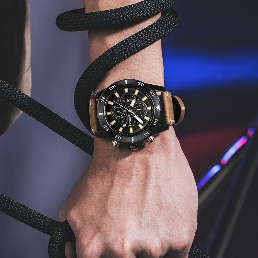 RUIMAS Luxury Brand Mens Watches Quartz Leather Strap Wristwatch Waterproof Clock Sports Large Dial Watch Auto Date Montre Homme 572