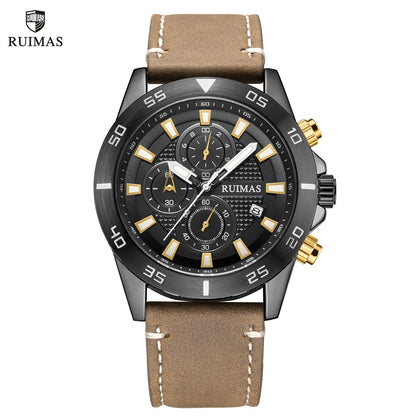 RUIMAS Luxury Brand Mens Watches Quartz Leather Strap Wristwatch Waterproof Clock Sports Large Dial Watch Auto Date Montre Homme 572