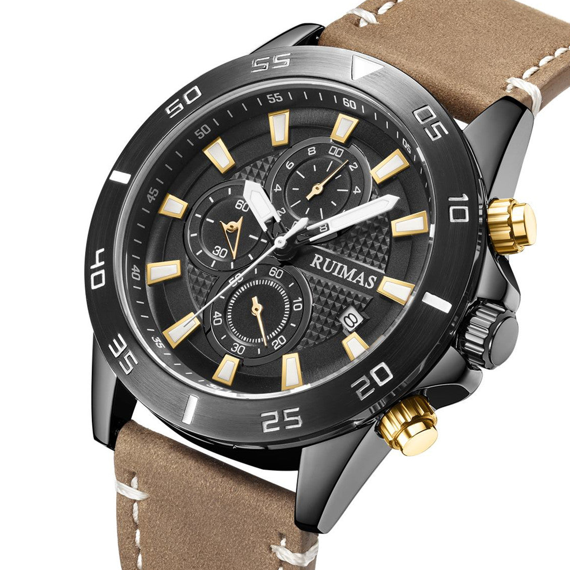 RUIMAS Luxury Brand Mens Watches Quartz Leather Strap Wristwatch Waterproof Clock Sports Large Dial Watch Auto Date Montre Homme 572