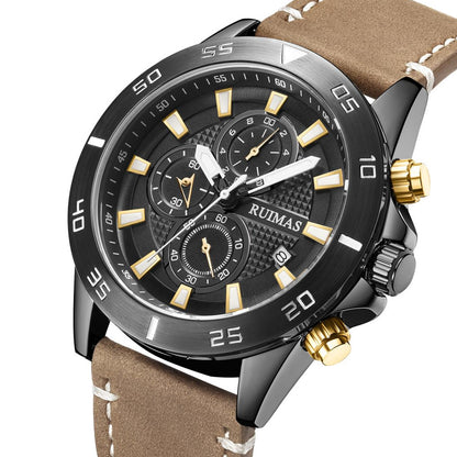 RUIMAS Luxury Brand Mens Watches Quartz Leather Strap Wristwatch Waterproof Clock Sports Large Dial Watch Auto Date Montre Homme 572