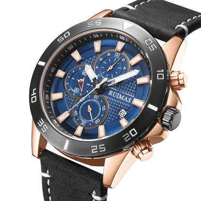 RUIMAS Luxury Brand Mens Watches Quartz Leather Strap Wristwatch Waterproof Clock Sports Large Dial Watch Auto Date Montre Homme 572