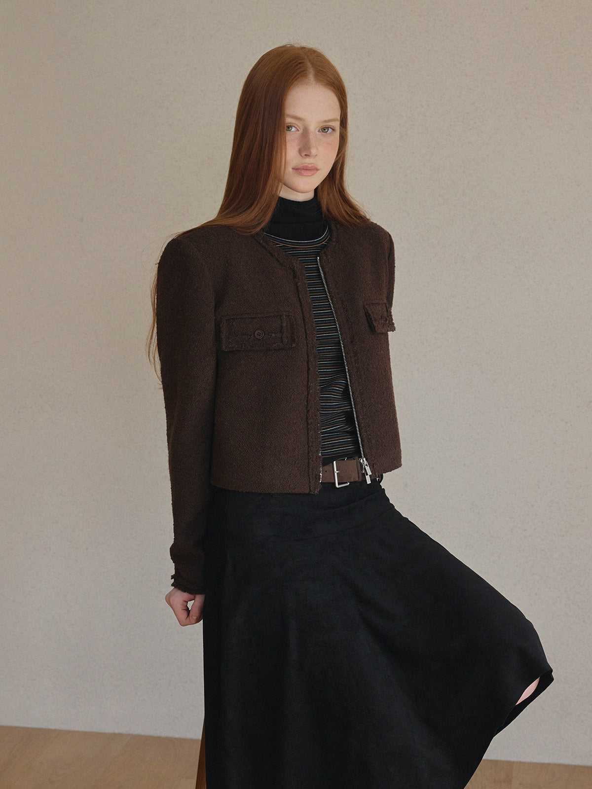 Ephons Zipper Crop Tweed Jacket