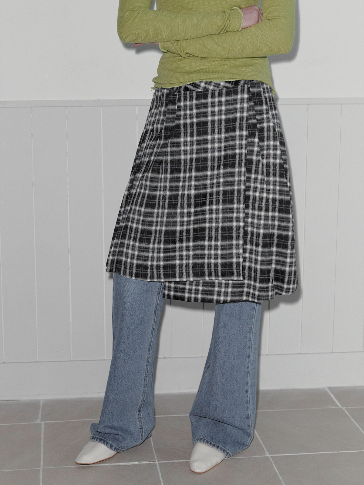 Noha Check Pleated Midi Wrap Skirt