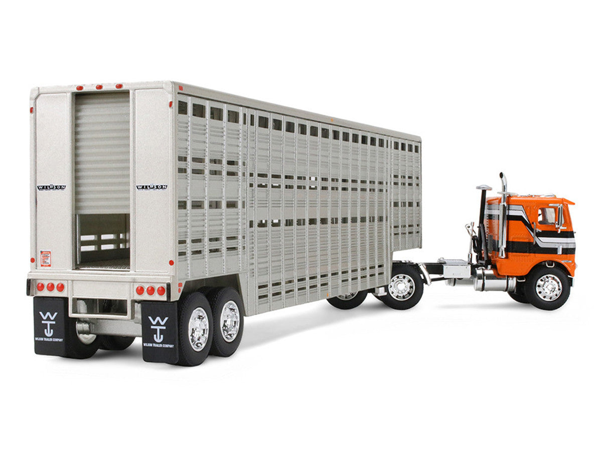 Freightliner COE and 45' Wilson Vintage Livestock Trailer Orange with Stripes 1/64 Diecast Model by DCP/First Gear