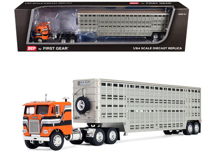 Freightliner COE and 45' Wilson Vintage Livestock Trailer Orange with Stripes 1/64 Diecast Model by DCP/First Gear