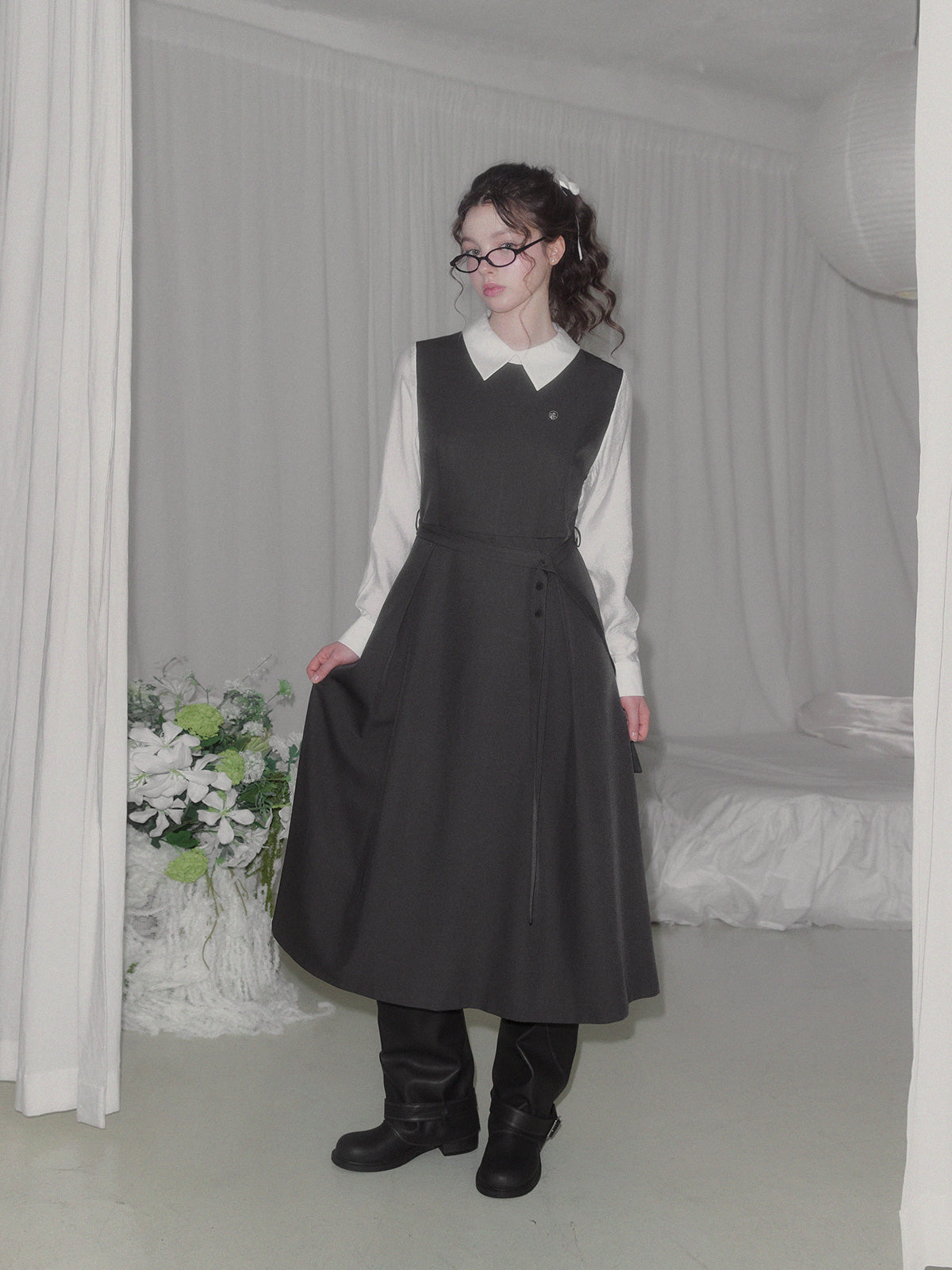 Riven shirt contrast pintuck long dress (strap set)